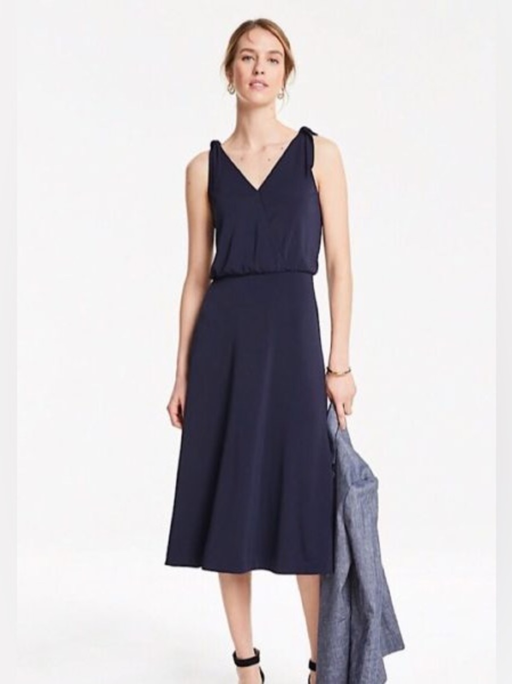 Ann Taylor XXL Navy Matte Jersey Midi Dress Shoulder Tie Flare V Neck NWT